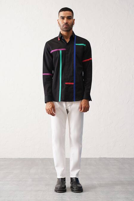 Seven_Black Cotton Polychromatic Striped Button Down Shirt_Online_at_Aza_Fashions
