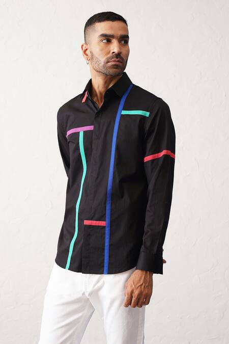 Buy_Seven_Black Cotton Polychromatic Striped Button Down Shirt_Online_at_Aza_Fashions