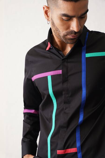 Shop_Seven_Black Cotton Polychromatic Striped Button Down Shirt_Online_at_Aza_Fashions