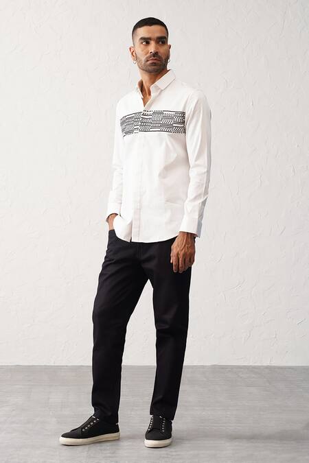 Seven_White Cotton Embroidery Square Dash Contrast Shirt_Online_at_Aza_Fashions