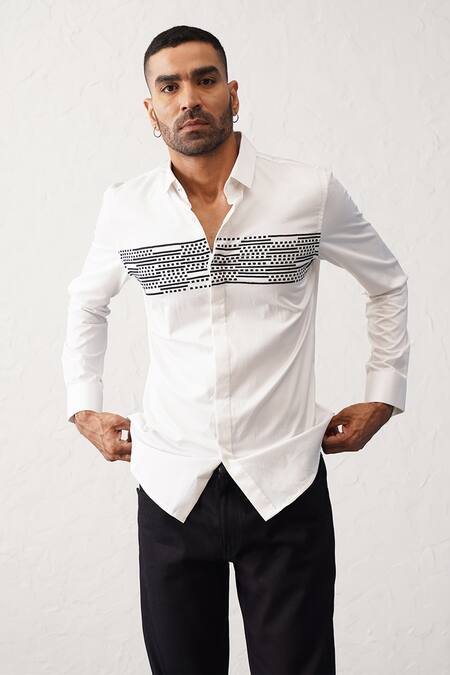 Buy_Seven_White Cotton Embroidery Square Dash Contrast Shirt_Online_at_Aza_Fashions