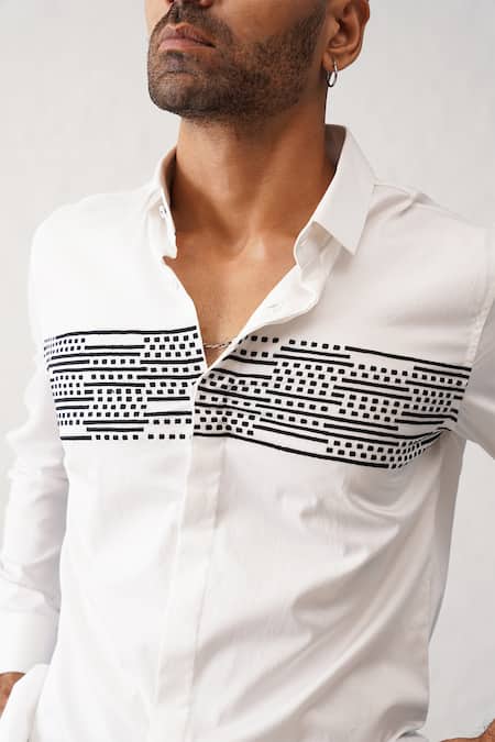 Shop_Seven_White Cotton Embroidery Square Dash Contrast Shirt_Online_at_Aza_Fashions