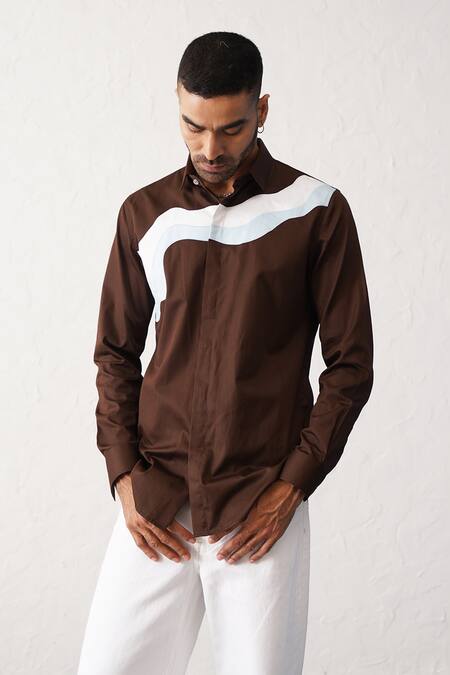 Seven_Brown Cotton Terra Flow Panelled Shirt_Online_at_Aza_Fashions