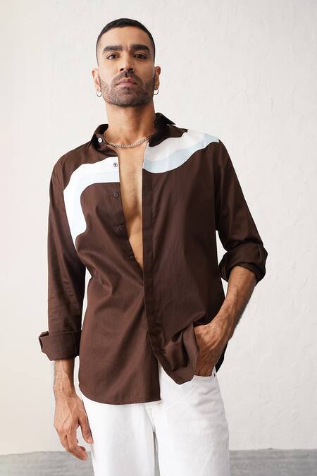 Shop_Seven_Brown Cotton Terra Flow Panelled Shirt_Online_at_Aza_Fashions