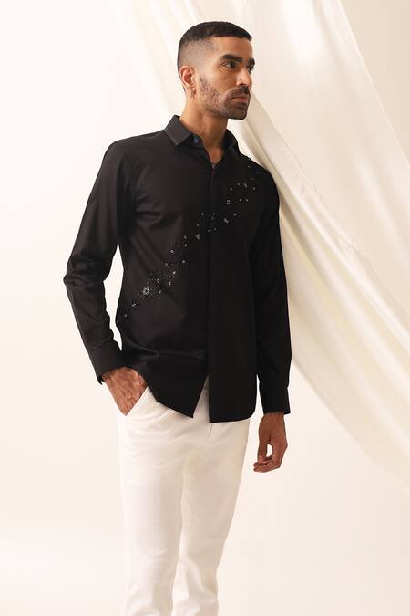 Shop_Seven_Black Cotton Embroidery Terrestial Hand Shirt_at_Aza_Fashions