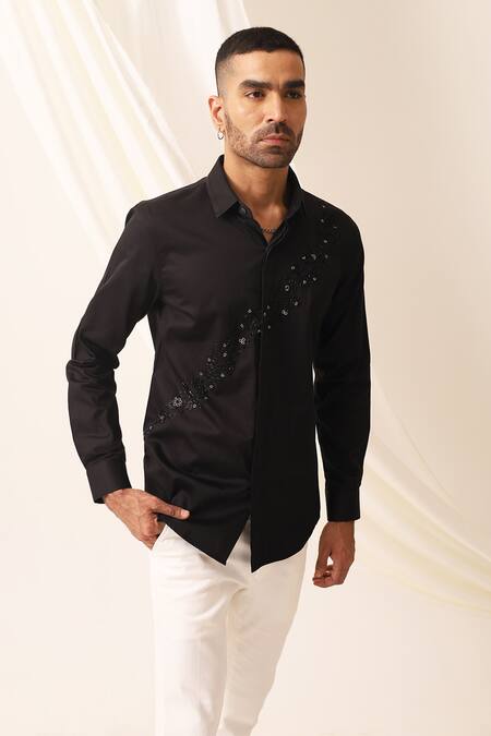 Seven_Black Cotton Embroidery Terrestial Hand Shirt_Online_at_Aza_Fashions
