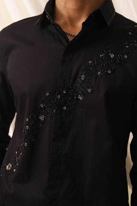 Buy_Seven_Black Cotton Embroidery Terrestial Hand Shirt_Online_at_Aza_Fashions