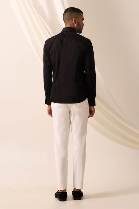 Shop_Seven_Black Cotton Weave Pattern Shirt _at_Aza_Fashions