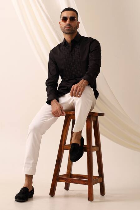 Seven_Black Cotton Weave Pattern Shirt _Online_at_Aza_Fashions