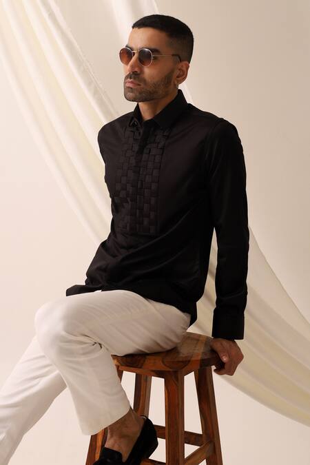 Buy_Seven_Black Cotton Weave Pattern Shirt _Online_at_Aza_Fashions