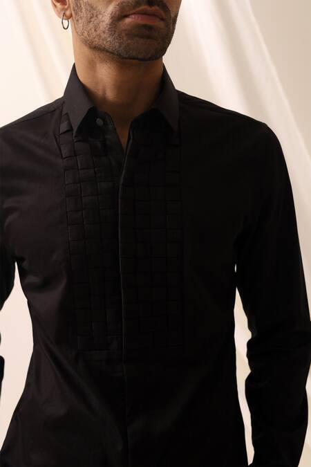 Shop_Seven_Black Cotton Weave Pattern Shirt _Online_at_Aza_Fashions