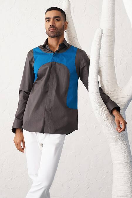 Seven_Grey Cotton Ameoba Contrast Panel Shirt_Online_at_Aza_Fashions