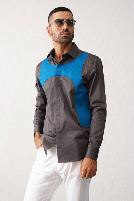 Buy_Seven_Grey Cotton Ameoba Contrast Panel Shirt_Online_at_Aza_Fashions