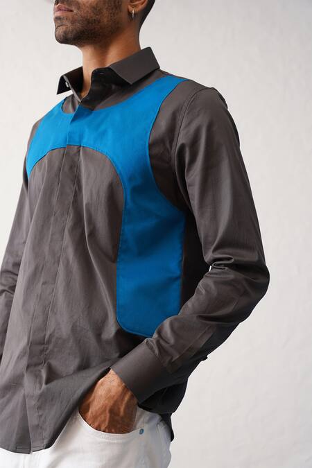 Shop_Seven_Grey Cotton Ameoba Contrast Panel Shirt_Online_at_Aza_Fashions