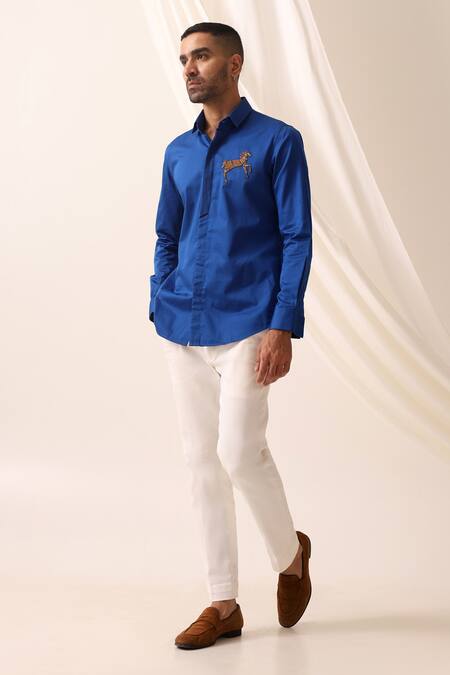 Seven_Blue Cotton Beads Ashwa Embroidered Motif Shirt_Online_at_Aza_Fashions