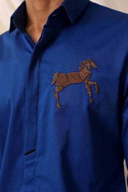 Shop_Seven_Blue Cotton Beads Ashwa Embroidered Motif Shirt_Online_at_Aza_Fashions