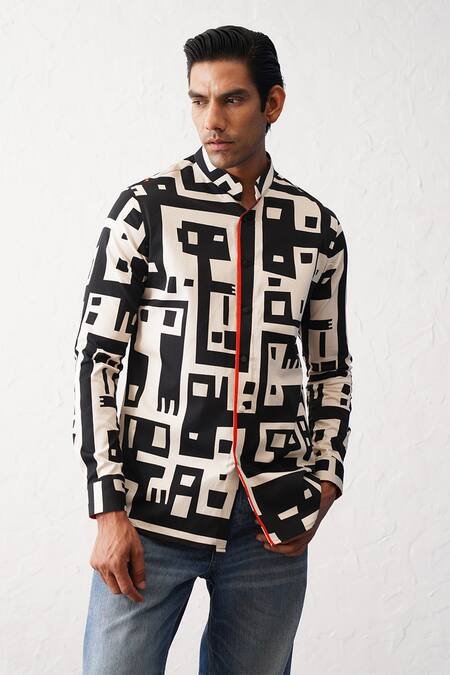Seven_Black Cotton Geometric Print Shirt_Online_at_Aza_Fashions