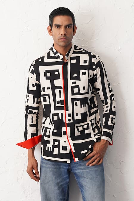 Shop_Seven_Black Cotton Geometric Print Shirt_Online_at_Aza_Fashions