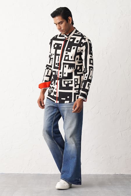 Buy_Seven_Black Cotton Geometric Print Shirt