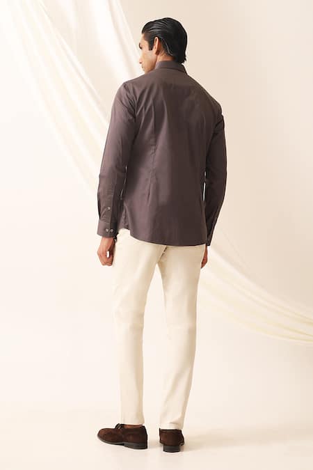 Shop Seven Grey Cotton Embroidery Arched Shirt at Aza Fashions Shop_Seven_Grey Cotton Embroidery Arched Shirt_at_Aza_Fashions