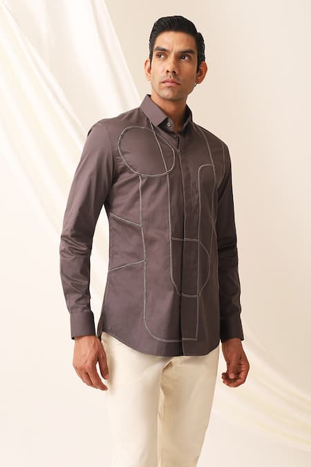 Seven Grey Cotton Embroidery Arched Shirt Online at Aza Fashions Seven_Grey Cotton Embroidery Arched Shirt_Online_at_Aza_Fashions