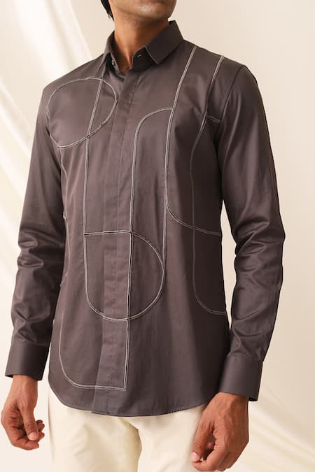 Shop Seven Grey Cotton Embroidery Arched Shirt Online at Aza Fashions Shop_Seven_Grey Cotton Embroidery Arched Shirt_Online_at_Aza_Fashions