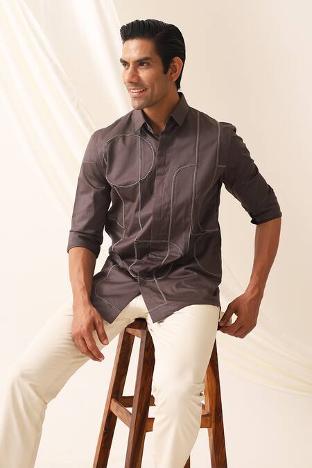 Seven Grey Cotton Embroidery Arched Shirt at Aza Fashions Seven_Grey Cotton Embroidery Arched Shirt_at_Aza_Fashions