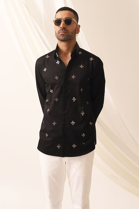 Shop_Seven_Black Cotton Diamonds, Patchwork Work Shirt_Online_at_Aza_Fashions