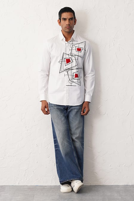 Seven White Cotton Graphic Draft Pattern Detailed Shirt 