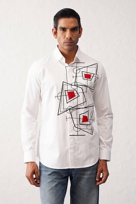 Seven_White Cotton Embroidery Draft Graphic Pattern Detailed Shirt_Online_at_Aza_Fashions