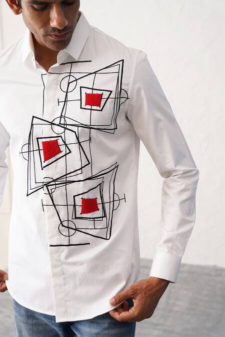 Buy_Seven_White Cotton Embroidery Draft Graphic Pattern Detailed Shirt_Online_at_Aza_Fashions