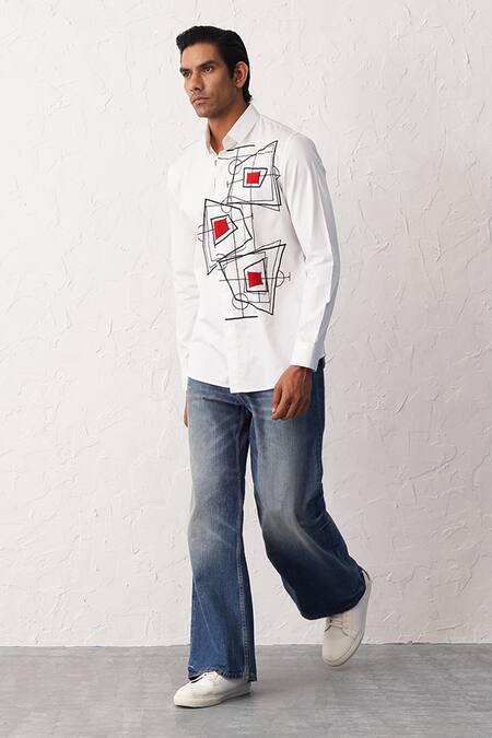 Shop_Seven_White Cotton Embroidery Draft Graphic Pattern Detailed Shirt_Online_at_Aza_Fashions
