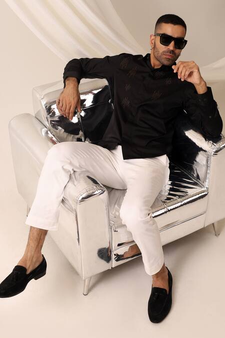 Seven Black Cotton Beads Floating Bib Hand Embroidered Shirt Online at Aza Fashions Seven_Black Cotton Beads Floating Bib Hand Embroidered Shirt_Online_at_Aza_Fashions