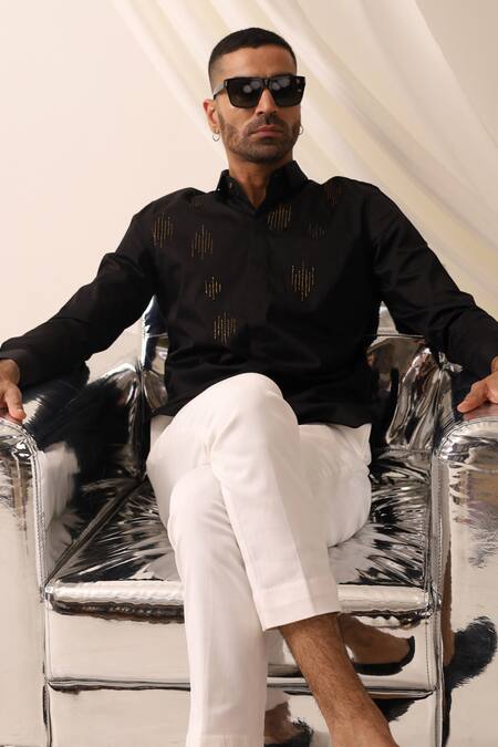 Buy Seven Black Cotton Beads Floating Bib Hand Embroidered Shirt Online at Aza Fashions Buy_Seven_Black Cotton Beads Floating Bib Hand Embroidered Shirt_Online_at_Aza_Fashions