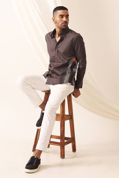 Seven_Grey Cotton Embroidery Deco Placement Shirt_Online_at_Aza_Fashions