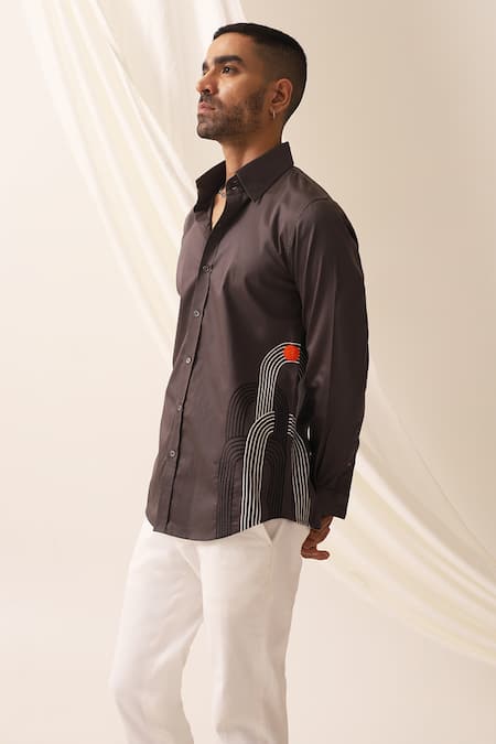 Shop_Seven_Grey Cotton Embroidery Deco Placement Shirt_Online_at_Aza_Fashions