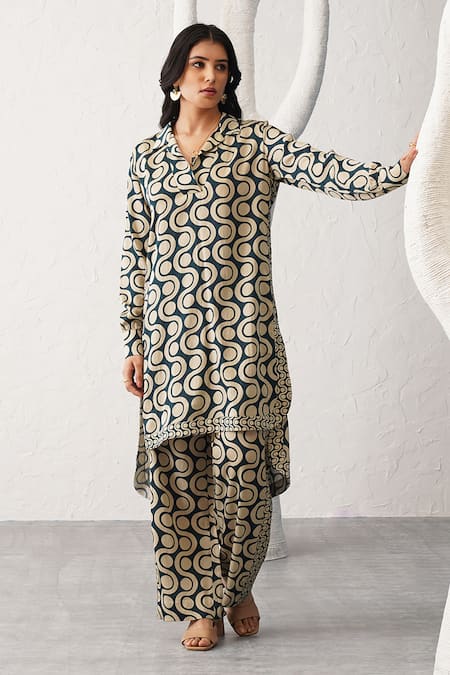 Buy_Seven_Gold Collared Ami Printed Kurta And Pant Co-ord Set_Online_at_Aza_Fashions