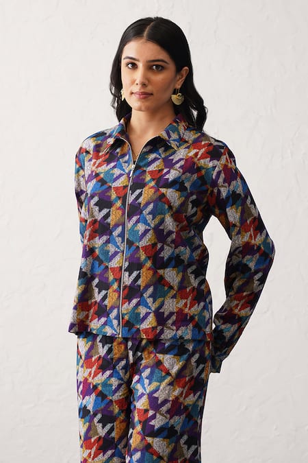 Shop_Seven_Multi Color Cotton, Twill Collared Aurora Printed Shirt And Pant Co-ord Set_Online_at_Aza_Fashions