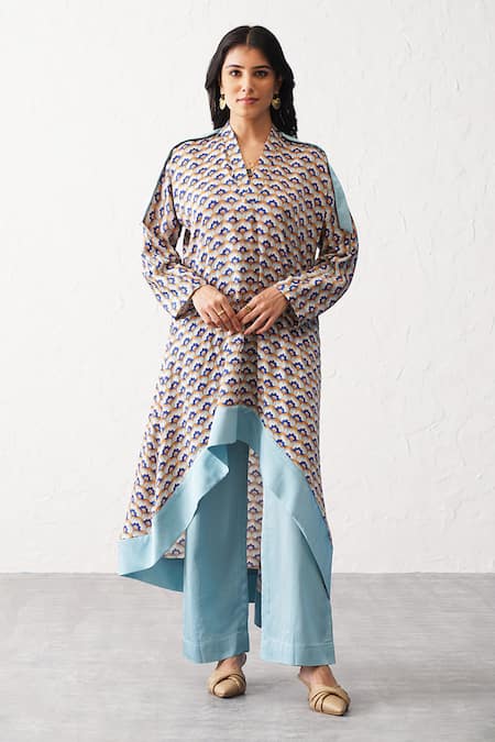 Seven Multi Color Bemberg Sateen Printed Floral V Neck Ava Kurta And Pant Co-ord Set 