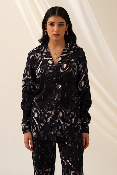 Seven Black Bemberg Sateen Printed Abstract Collared Cosmic Shirt And Pant Co-ord Set 