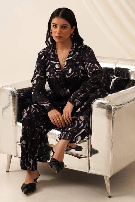 Seven_Black Collared Cosmic Printed Shirt And Pant Co-ord Set_Online_at_Aza_Fashions