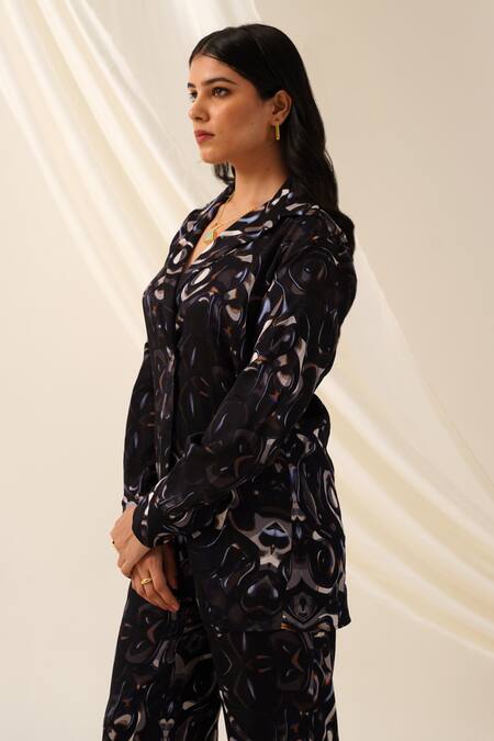 Buy_Seven_Black Collared Cosmic Printed Shirt And Pant Co-ord Set_Online_at_Aza_Fashions