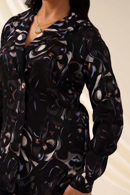 Shop_Seven_Black Collared Cosmic Printed Shirt And Pant Co-ord Set_Online_at_Aza_Fashions