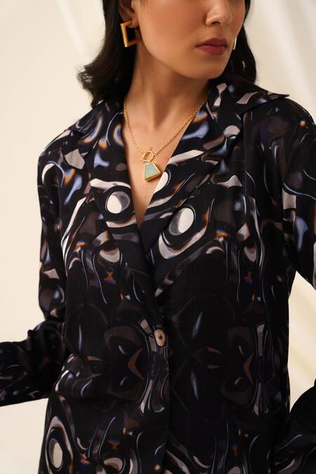 Seven_Black Collared Cosmic Printed Shirt And Pant Co-ord Set_at_Aza_Fashions