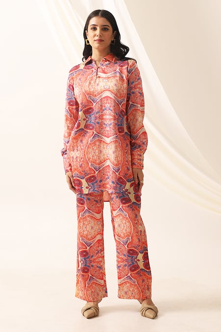 Seven Multi Color Bemberg Sateen Printed Abstract Mirror Dita Tunic And Pant Co-ord Set 