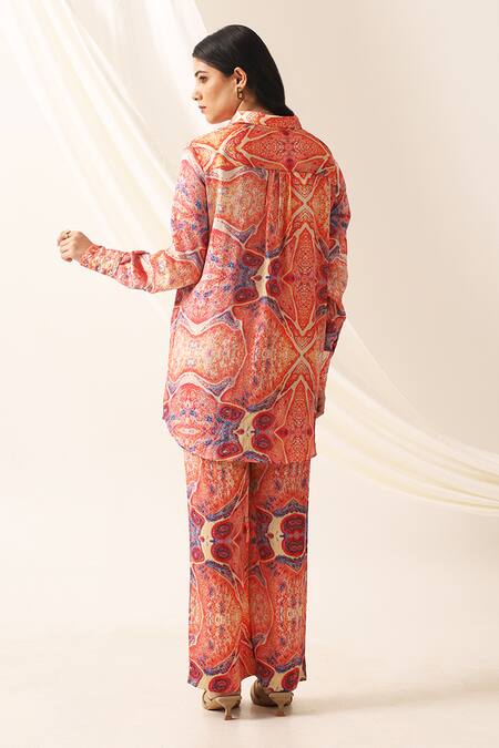 Shop_Seven_Multi Color Mirrors Collared Dita Printed Tunic And Pant Co-ord Set_at_Aza_Fashions