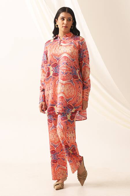 Seven_Multi Color Mirrors Collared Dita Printed Tunic And Pant Co-ord Set_Online_at_Aza_Fashions