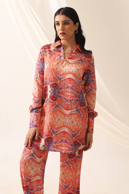 Shop_Seven_Multi Color Mirrors Collared Dita Printed Tunic And Pant Co-ord Set_Online_at_Aza_Fashions