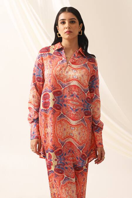 Seven_Multi Color Mirrors Collared Dita Printed Tunic And Pant Co-ord Set_at_Aza_Fashions
