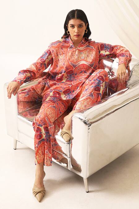 Buy_Seven_Multi Color Mirrors Collared Dita Printed Tunic And Pant Co-ord Set